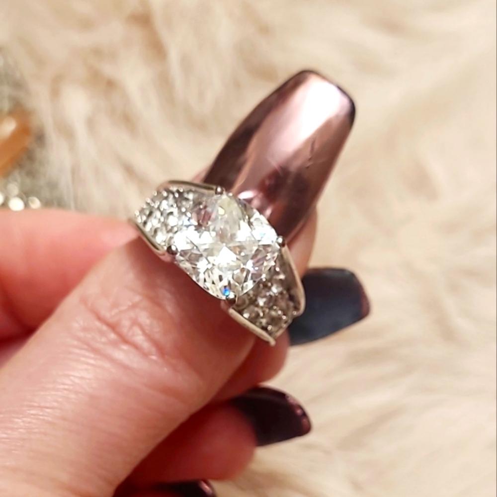 9.91CTW Cushion Radiant Cut Diamond Solitaire & Pave Set Sterling Silver Ring